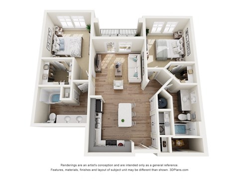 A 3D floor plan of a house with a kitchen, living room, and bedrooms.
